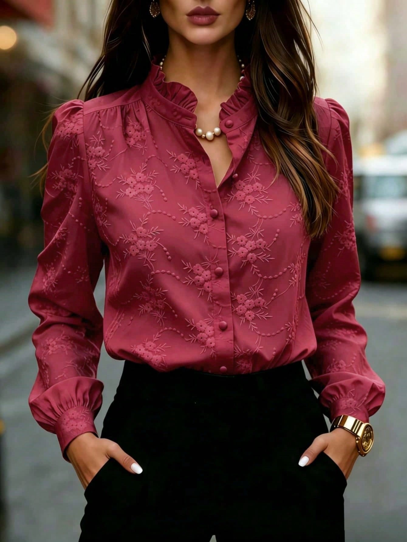 Women's Solid Color Long Sleeve Shirt With Floral Embroidery
