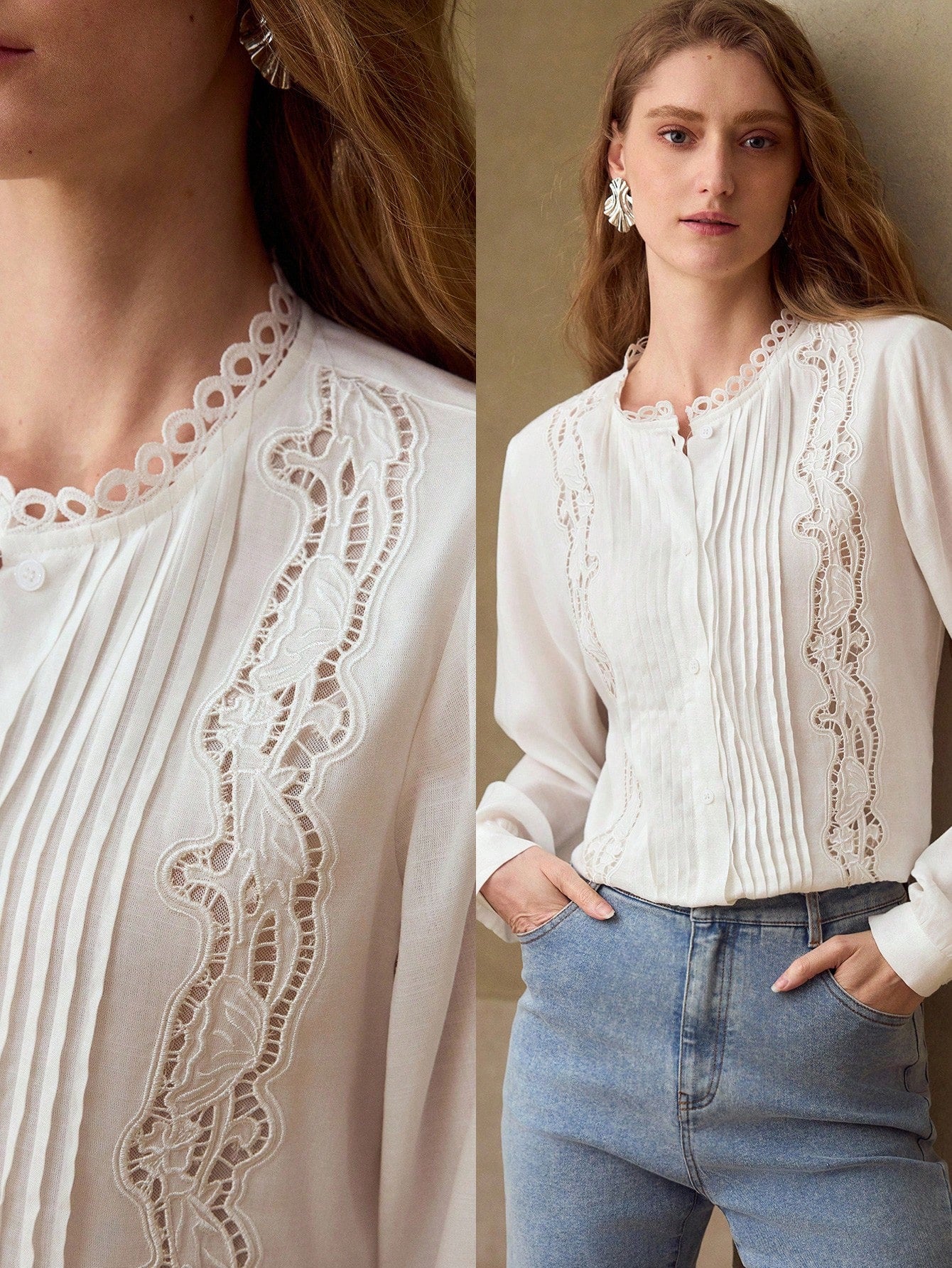 Premium Women's Perforated Embroidered Pleated Cotton Linen Blouse
