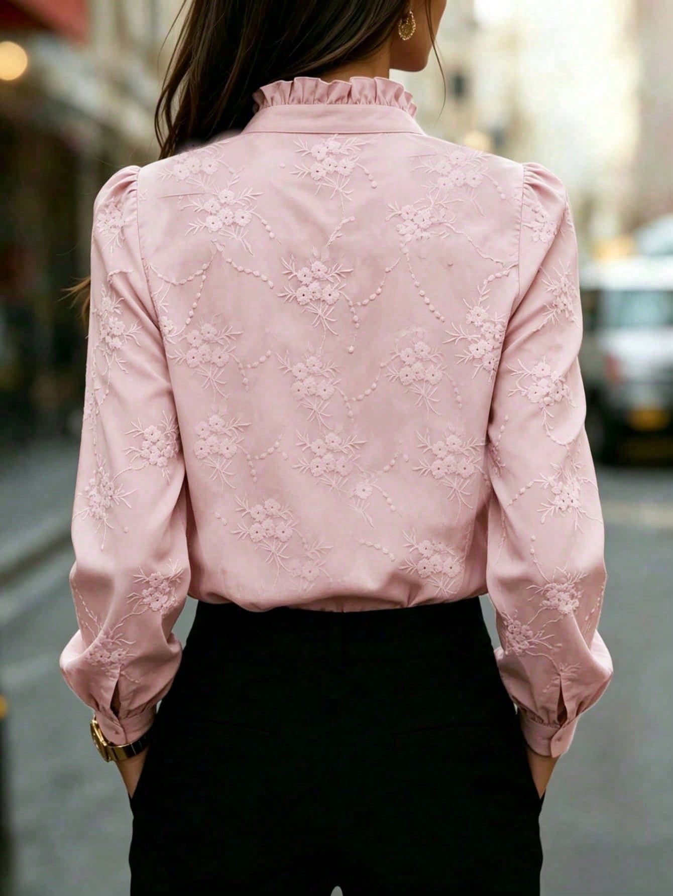 Women's Solid Color Long Sleeve Shirt With Floral Embroidery