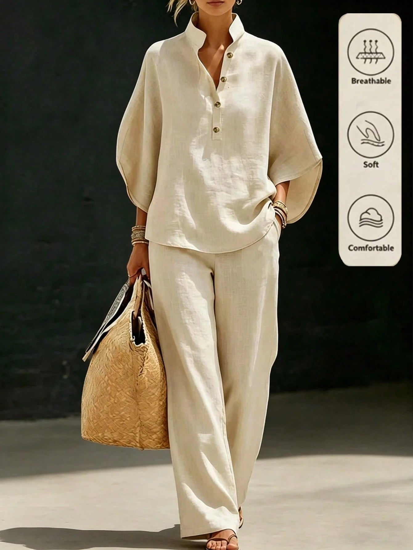 2pcs Apricot Vacation Set, Top And Wide-Leg Pants, Women's Countryside Style Elegant Outfit