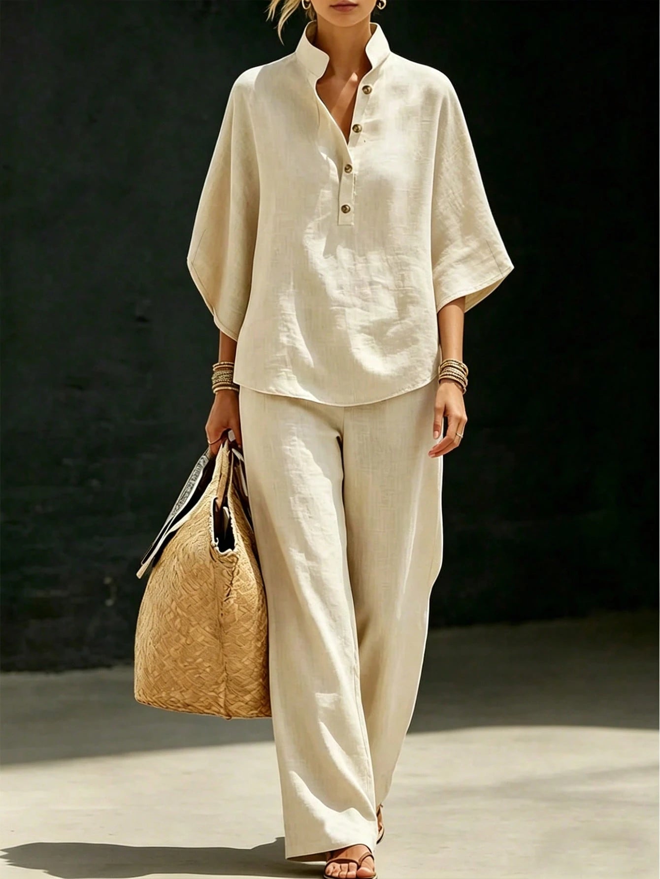 2pcs Apricot Vacation Set, Top And Wide-Leg Pants, Women's Countryside Style Elegant Outfit