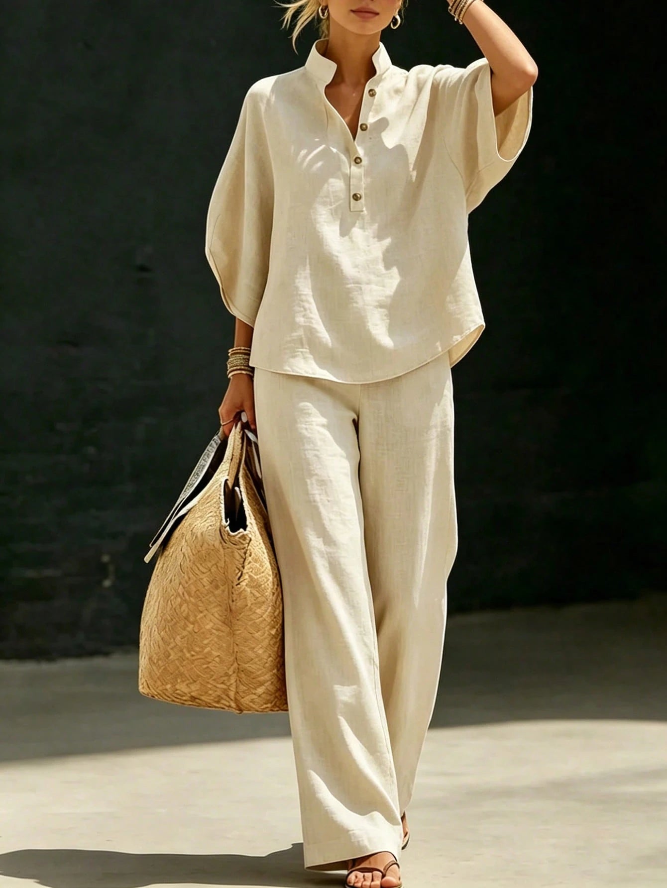 2pcs Apricot Vacation Set, Top And Wide-Leg Pants, Women's Countryside Style Elegant Outfit