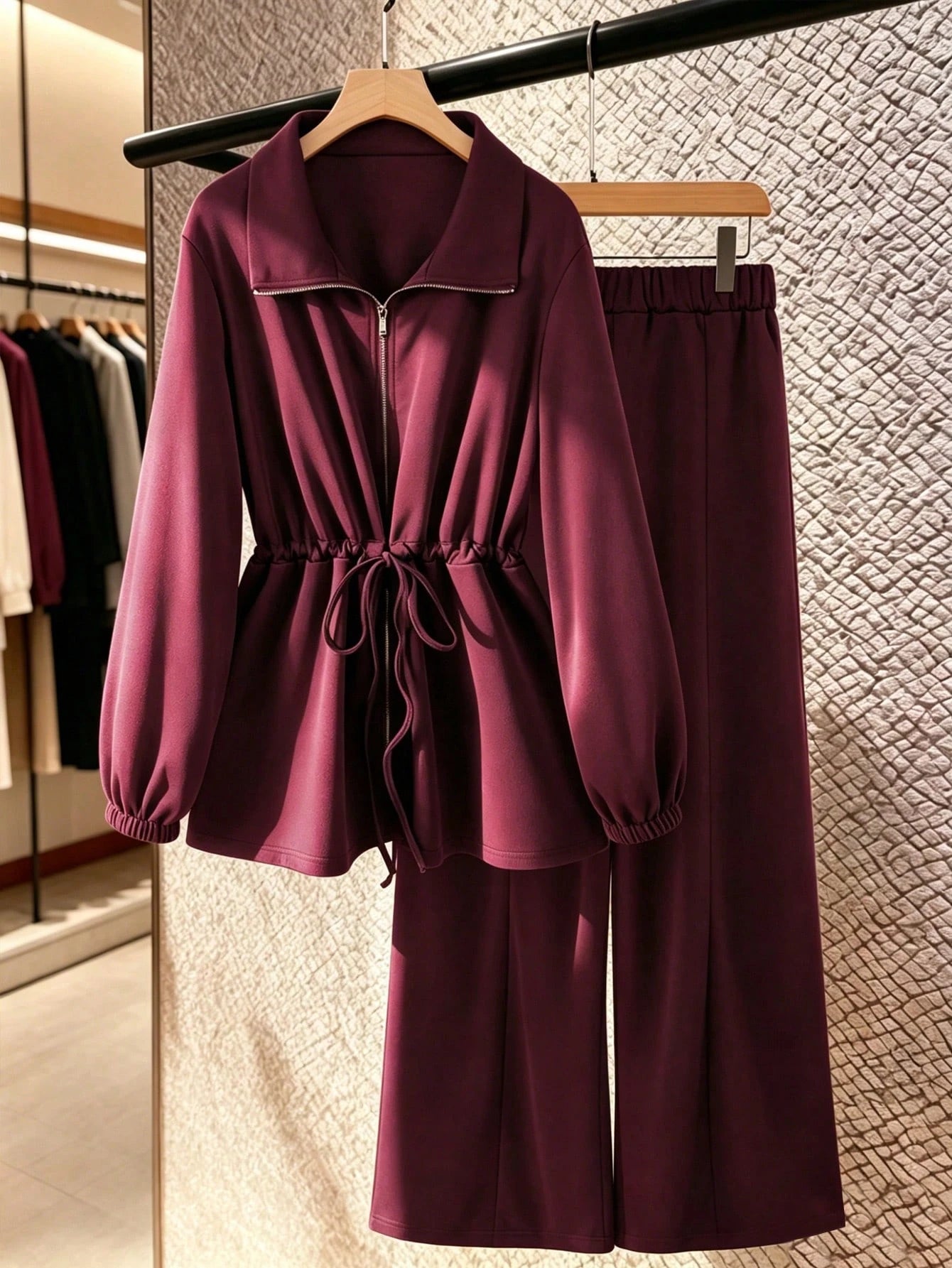 Women's Basic High Collar Cinched Waist Zip-Up Casual Two Pieces Set