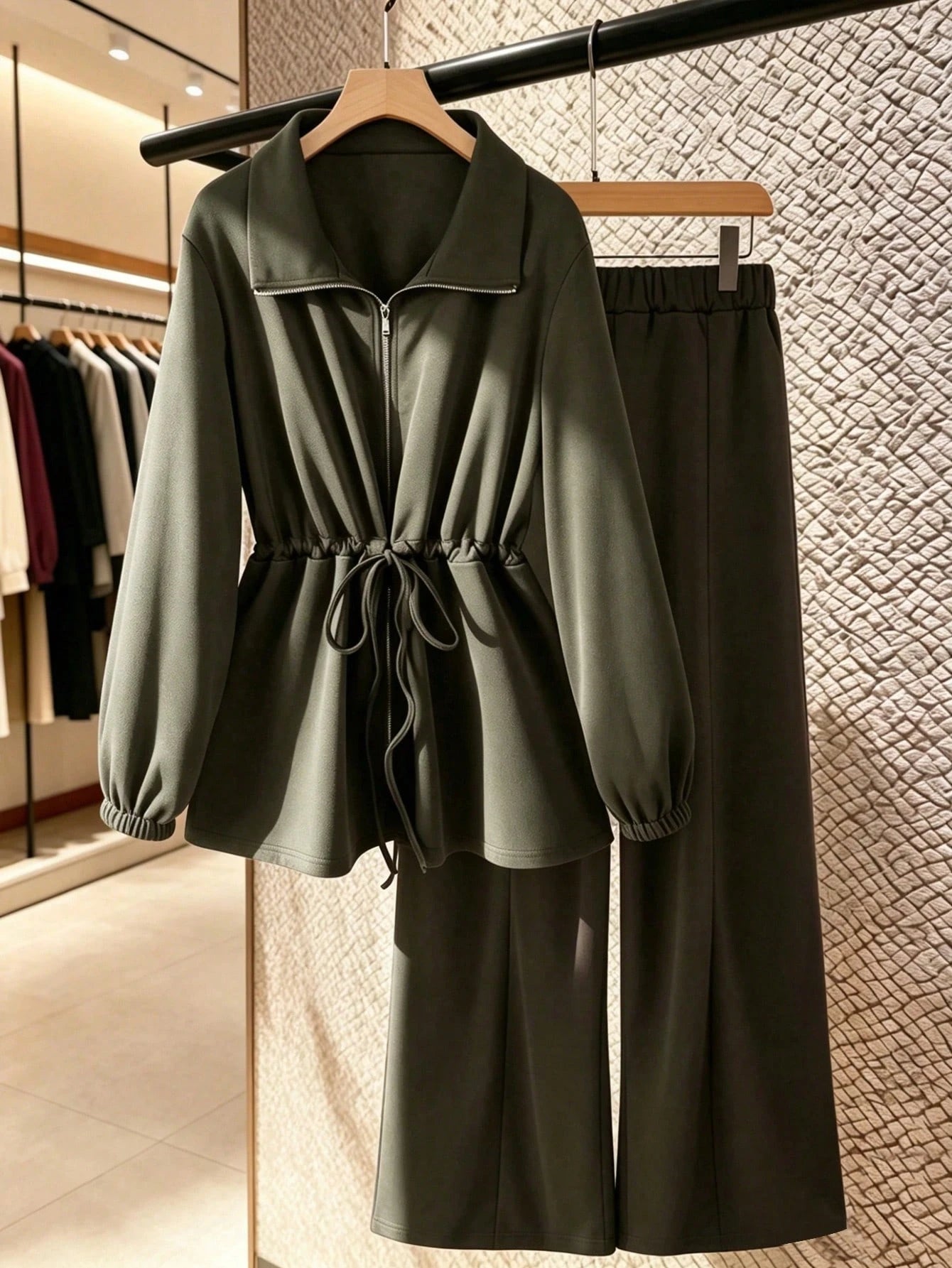 Women's Basic High Collar Cinched Waist Zip-Up Casual Two Pieces Set