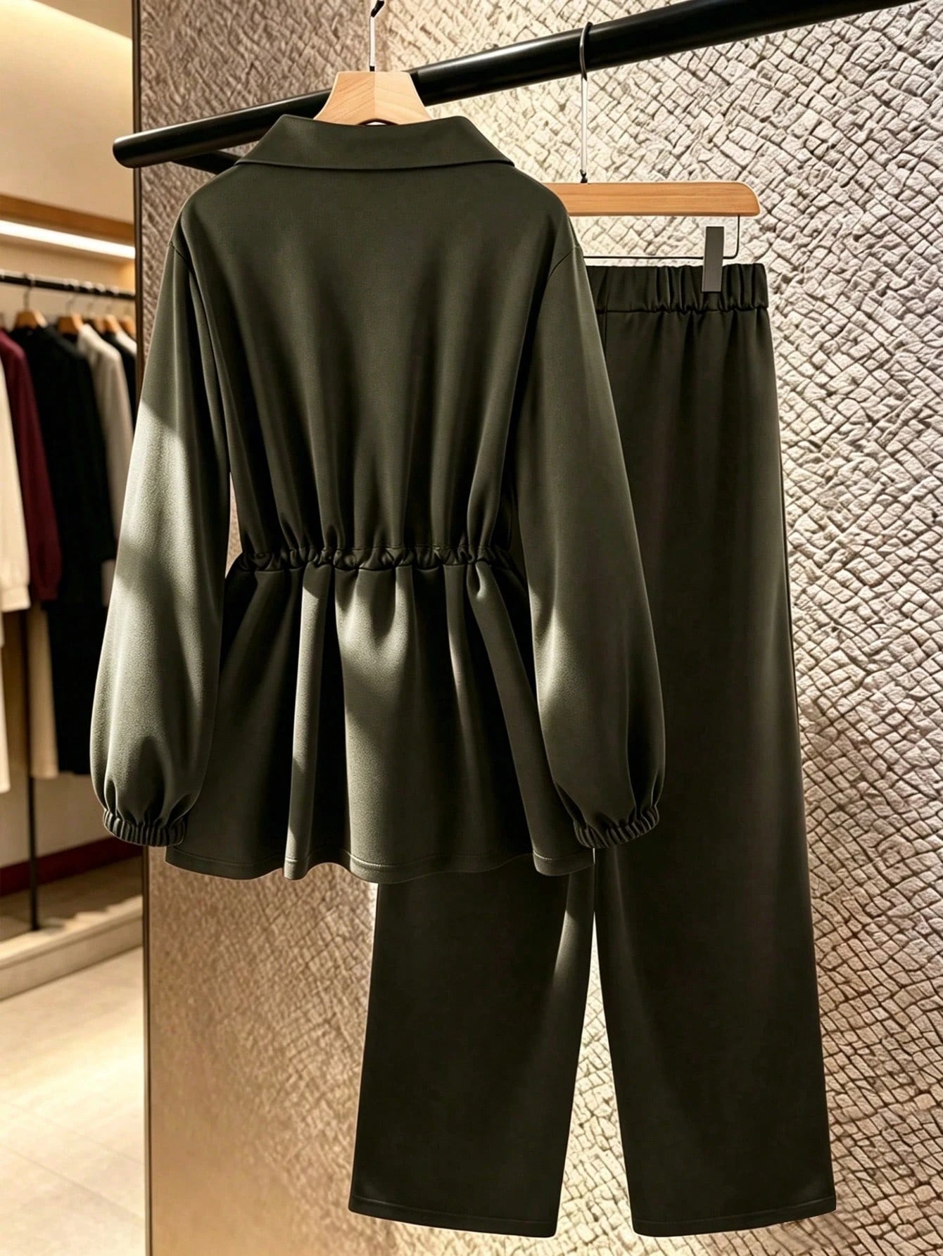 Women's Basic High Collar Cinched Waist Zip-Up Casual Two Pieces Set