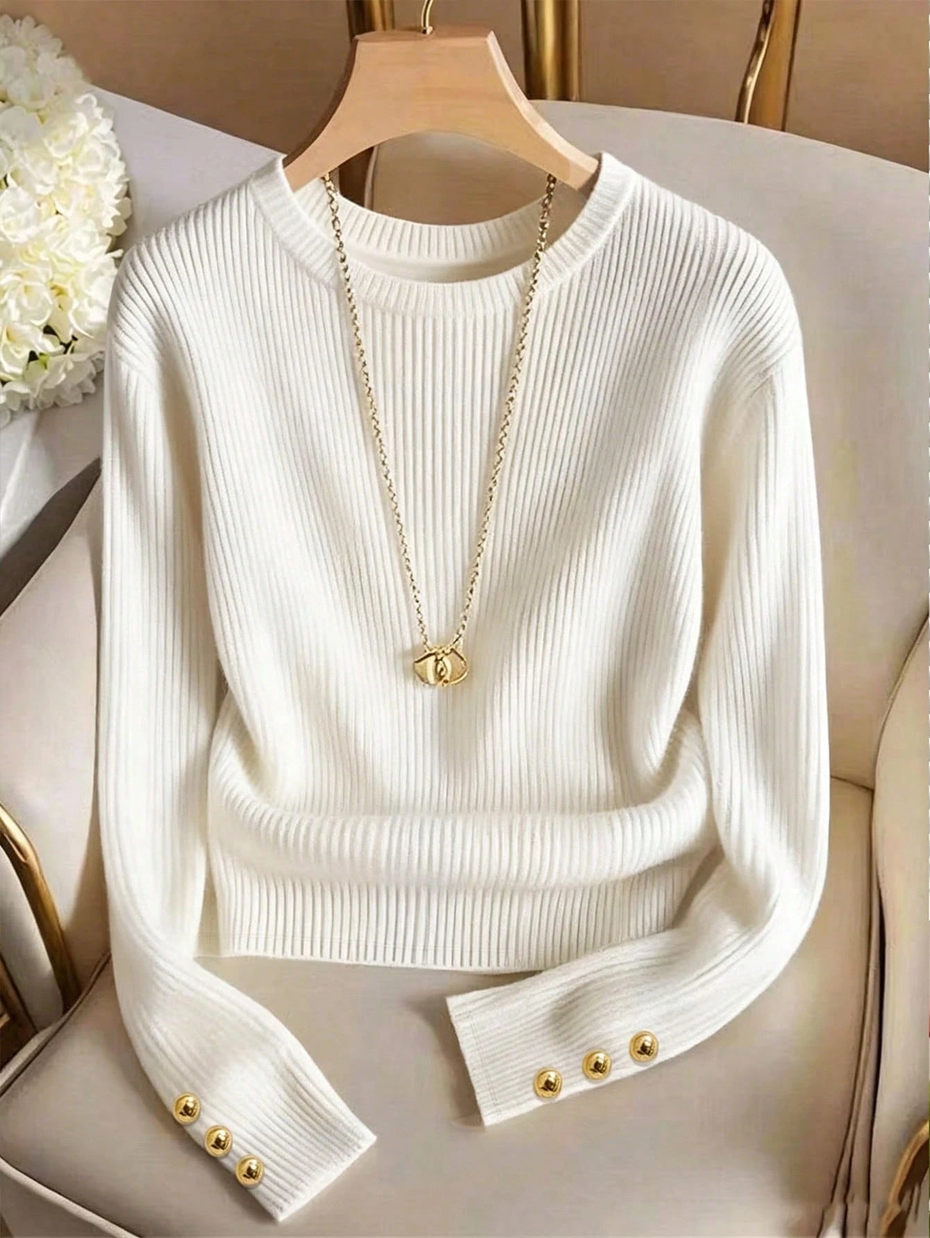 Elegant Round Neck Knit T-Shirt, Minimalist Fashion Knit Top, Autumn/Winter