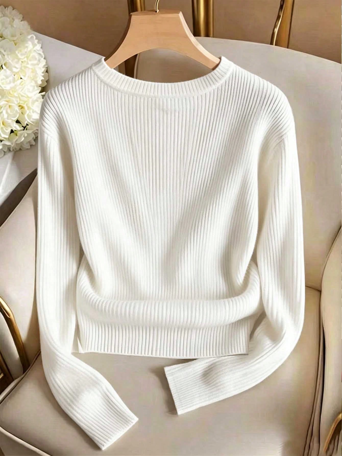 Elegant Round Neck Knit T-Shirt, Minimalist Fashion Knit Top, Autumn/Winter