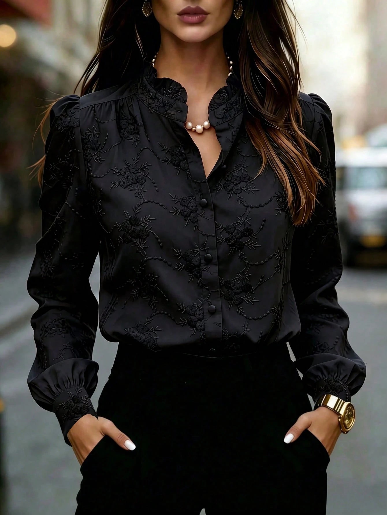 Women's Solid Color Long Sleeve Shirt With Floral Embroidery